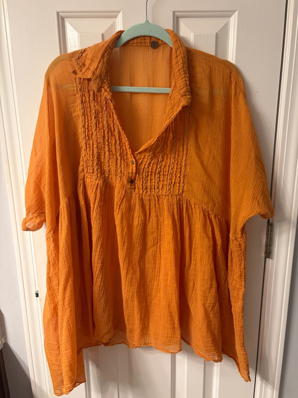 Women's Orange Gauze Button-Pintuck Tunic